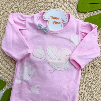 Kit 3 Peças - Bodys Manga Longa Passarinha com Flores - Rosa e Lilás